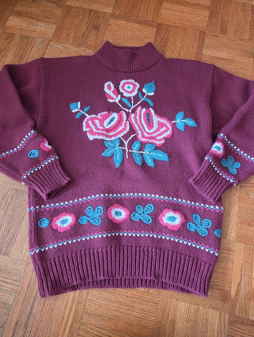 Women's Burgundy Floral Embroidered Sweater